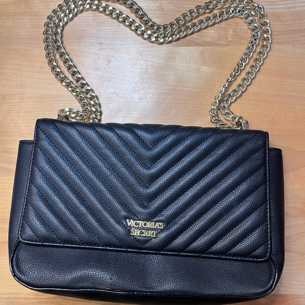 Victoria's Secret Black Quilted Crossbody with Gold Chain